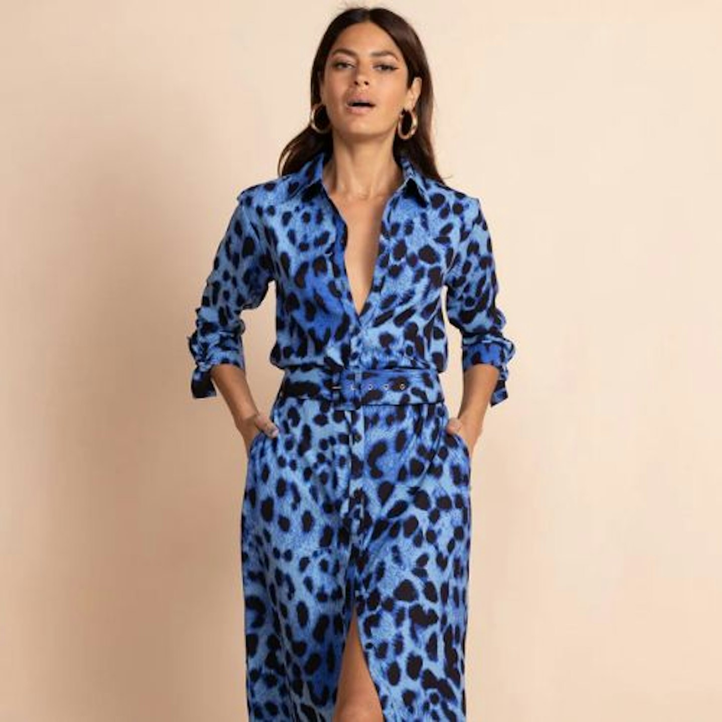 Alva Midi Shirt Dress in Bright Blue Leopard