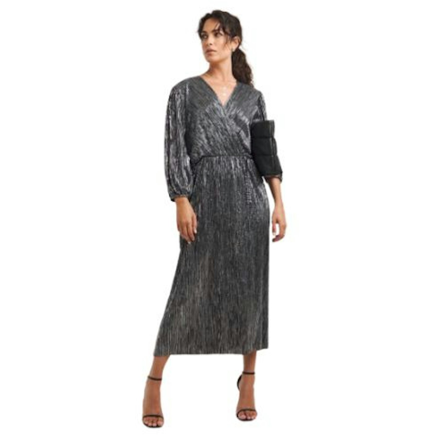 Metallic Plisse Wrap Midi Dress