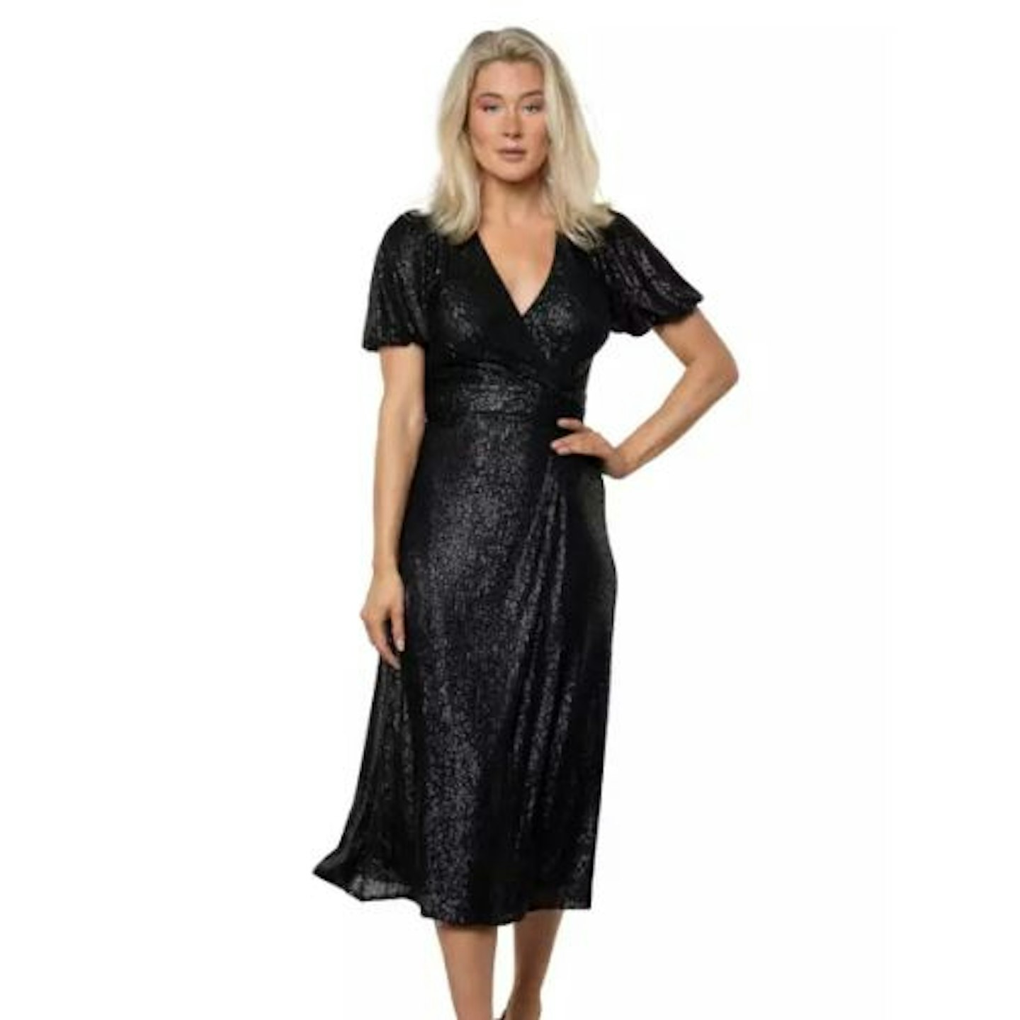 Whistles Black Sequin Wrap Midi Dress