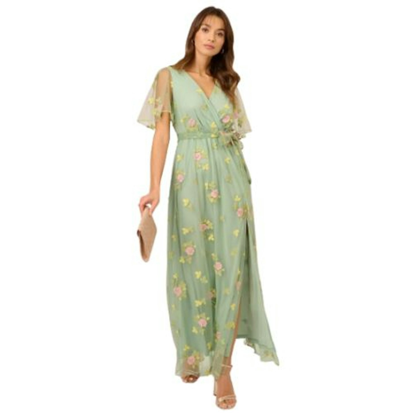 Adrianna Papell Embroidered Flutter Sleeve Maxi Dress