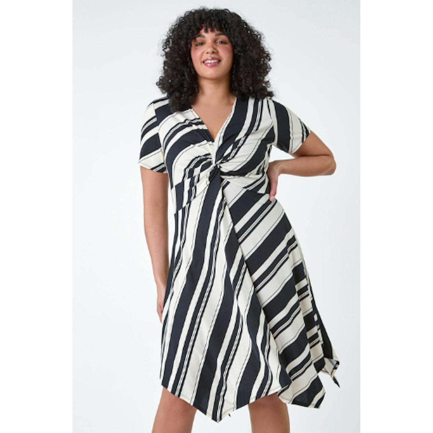 Black Curve Stripe Print Twist Front Dress