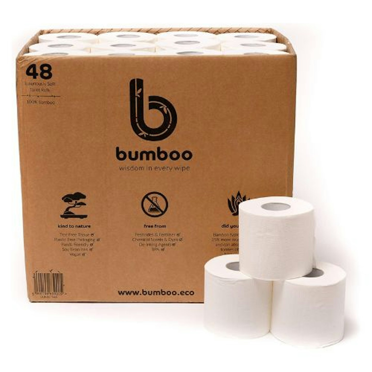  Bumboo Bamboo Toilet Roll 48 Pack | Toilet Paper 3 ply, 300 Sheets | Bulk Toilet Rolls | Plastic-Free, Soft, Strong, Sustainable & Biodegradable Loo Roll