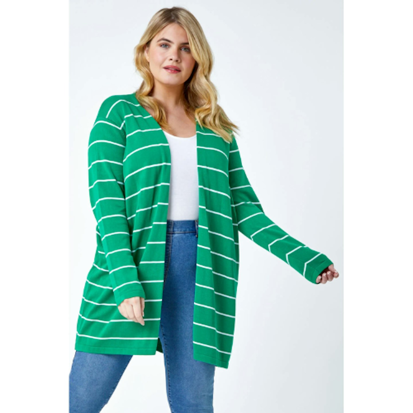 Green Curve Stripe Cotton Blend Longline Cardigan