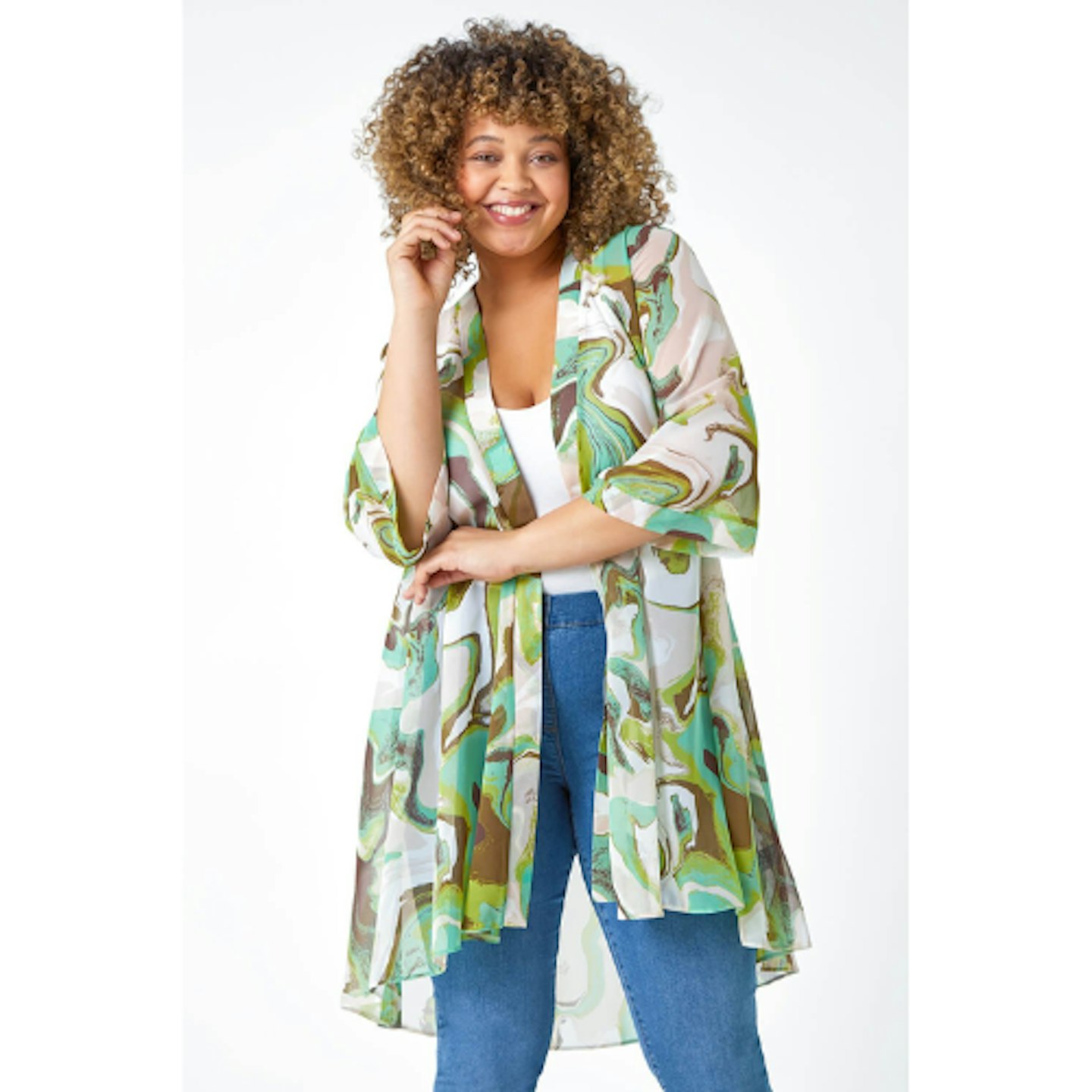 Green Curve Swirl Print Dipped Hem Kimono