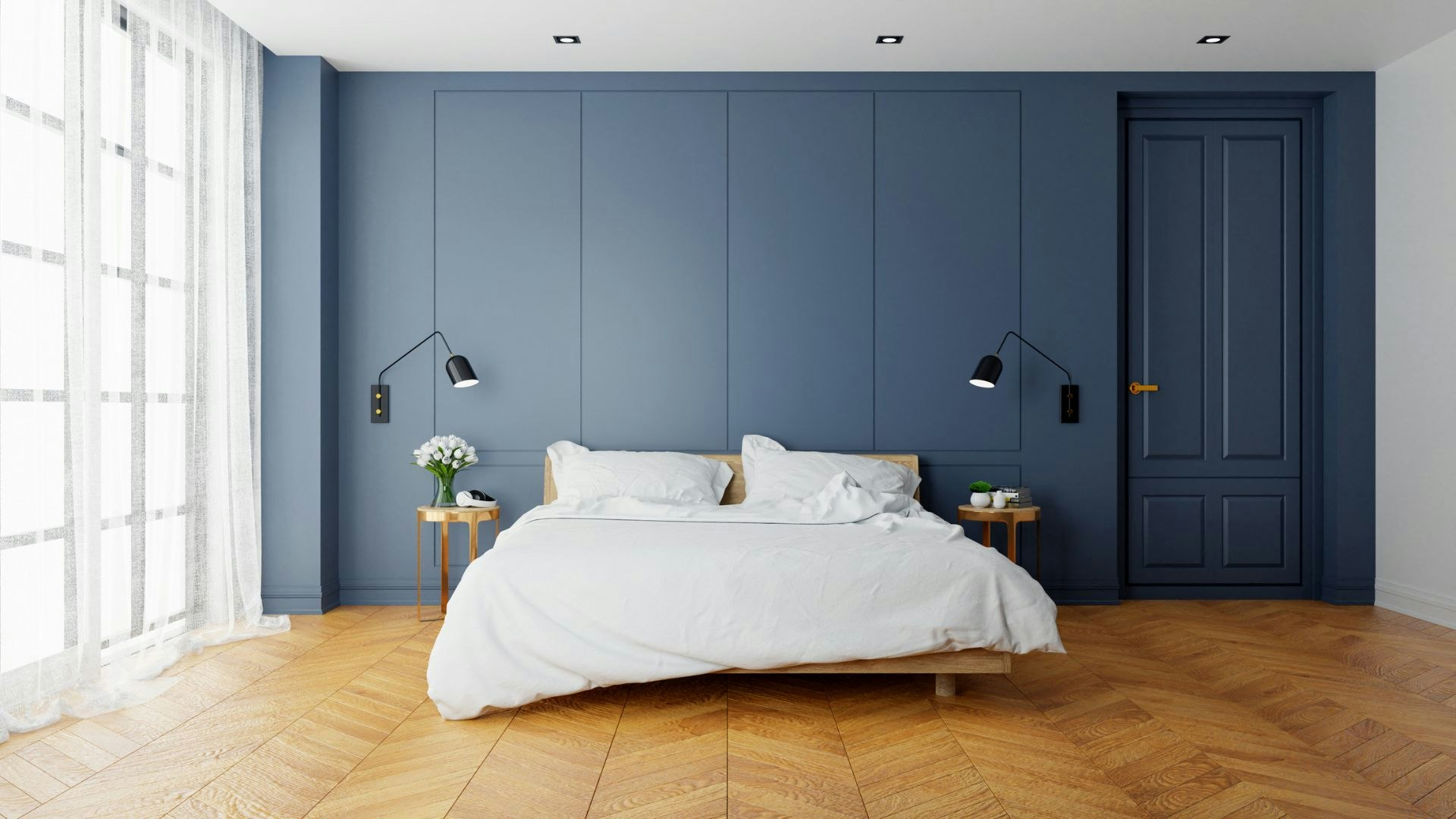 Navy bedroom ideas: Paint everything navy, including the door