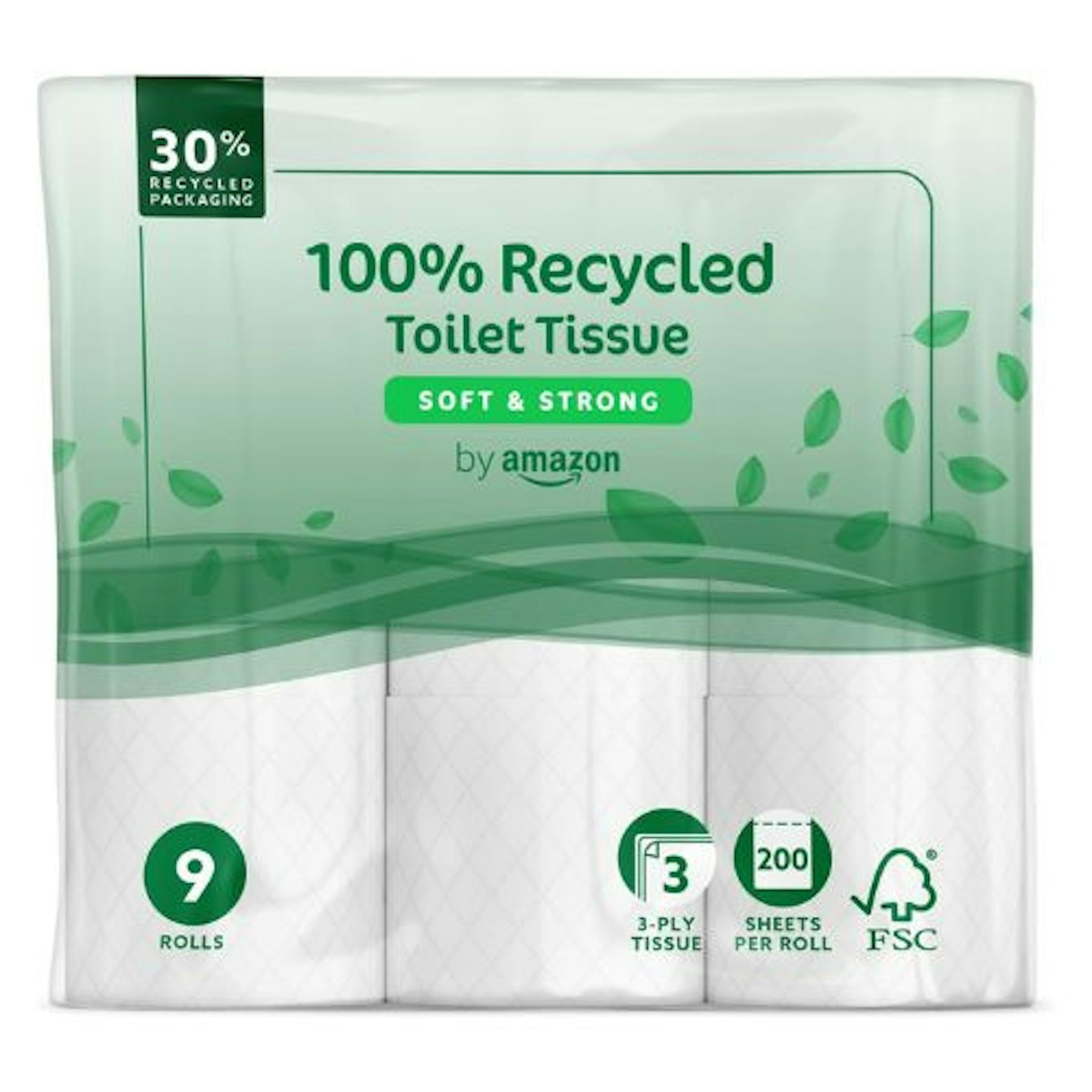 by Amazon 3-Ply Toilet Paper, 100% Recycled, Unscented, 45 Rolls (5 Packs of 9), 200 Sheets per Roll (previously Presto!)