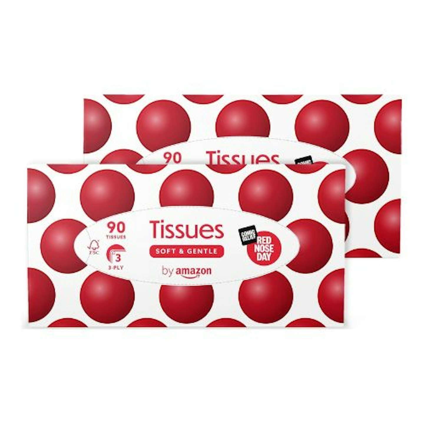by Amazon Red Nose Day Facial Tissues, 3-ply 90 sheets, Twin Pack (2 pack), Lotioned tissues – on behalf of Comic Relief
