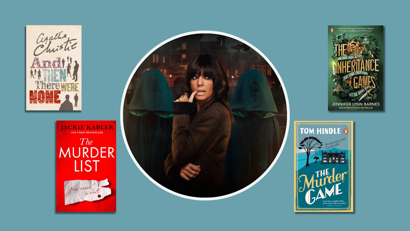Claudia Winkleman Press Image for “The Traitors” in the centre of four mystery books, And Then There Were None, The Murder List, The Inheritance Games and The Murder Game.