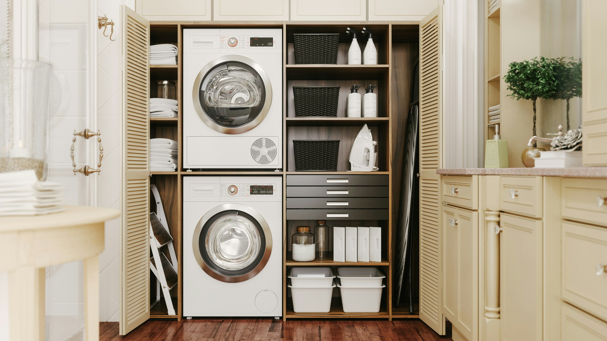 tall storage shelves in a utility room
