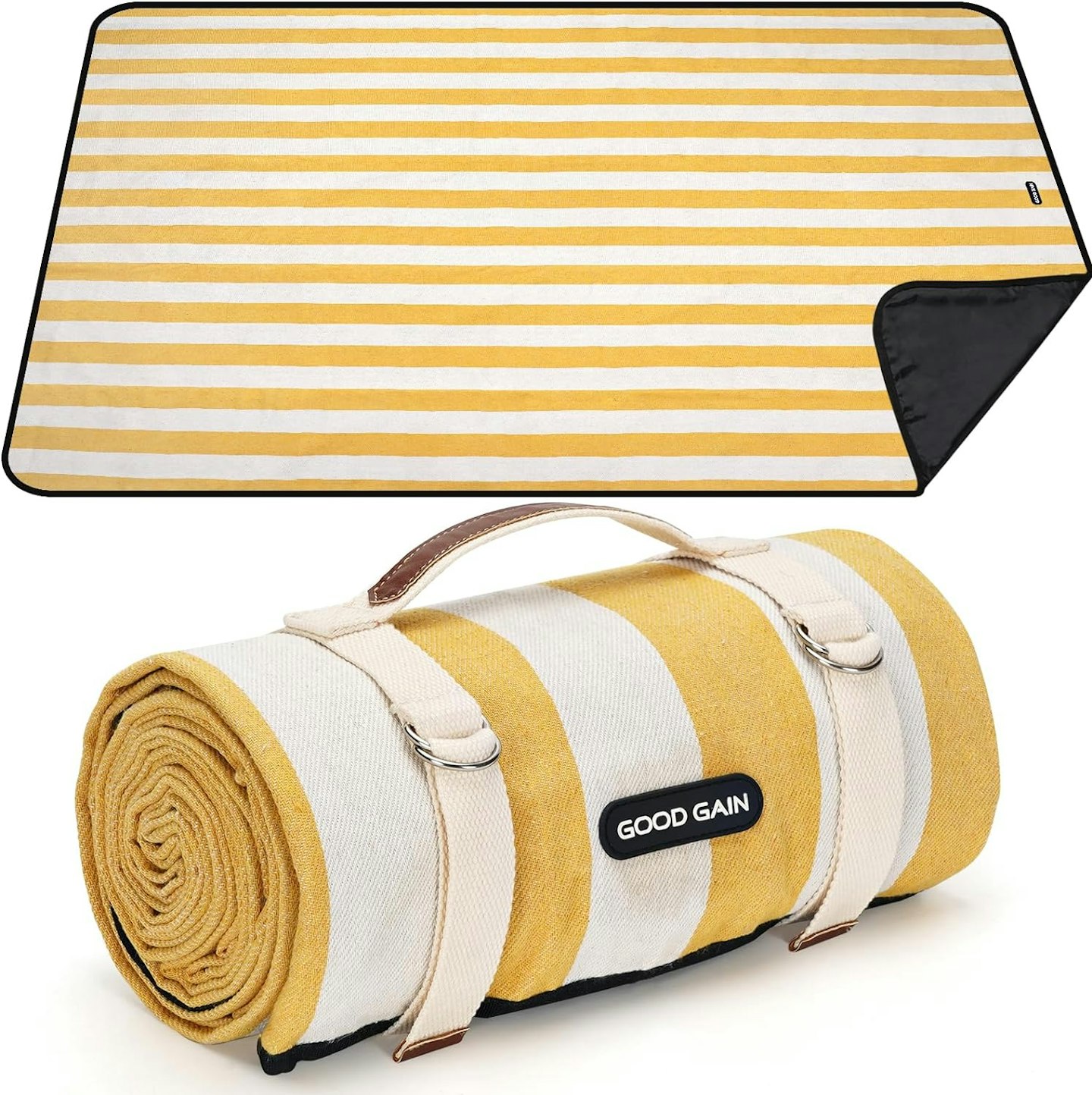 Yellow and white striped picnic blanket 
