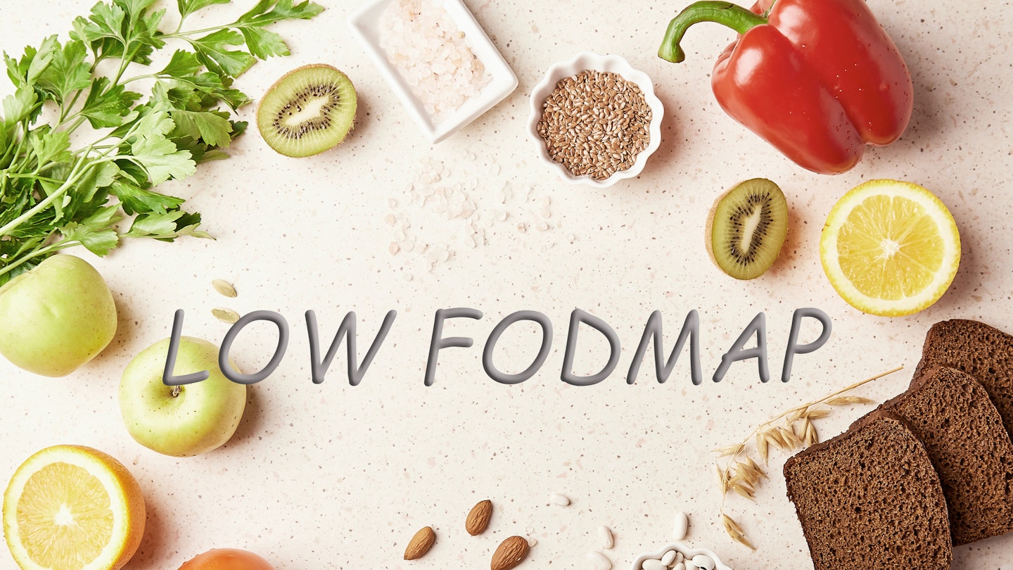 Low FODMAP concept with with fruits,vegetables, greens, nuts, beans, flax seeds, chia seeds, wholegrain bread.