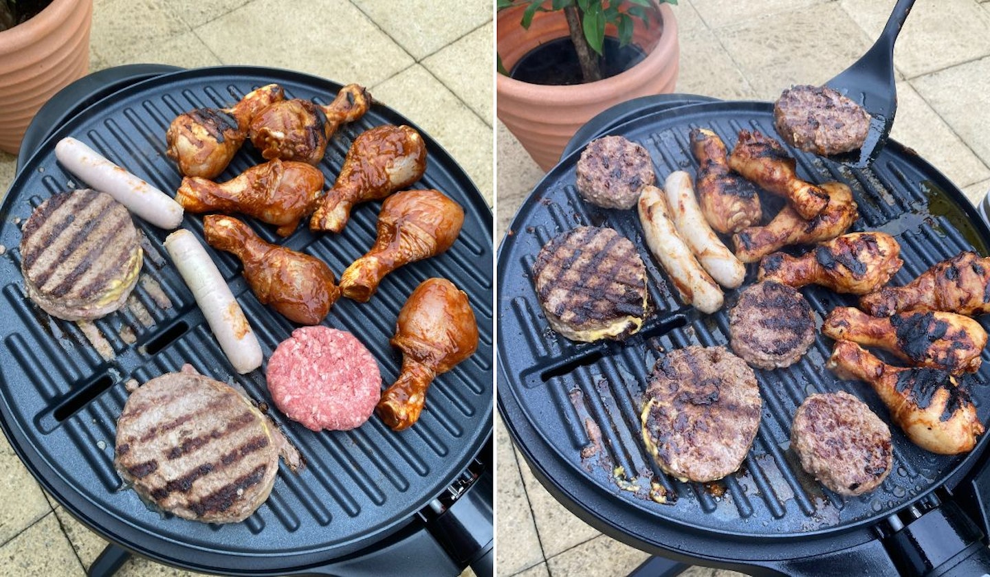 Before and after cooking food Cooking on the George Foreman Indoor/Outdoor BBQ Electric Grill.