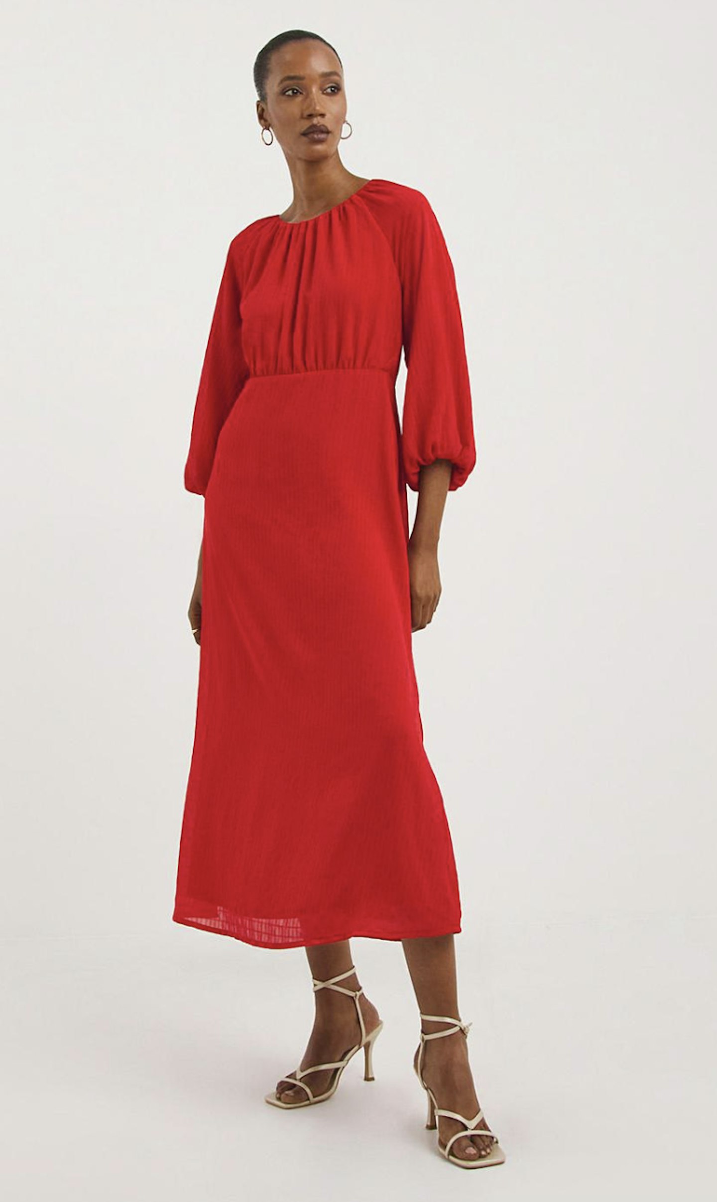 JD Williams Red Textured Puff Sleeve Tie Back Dress