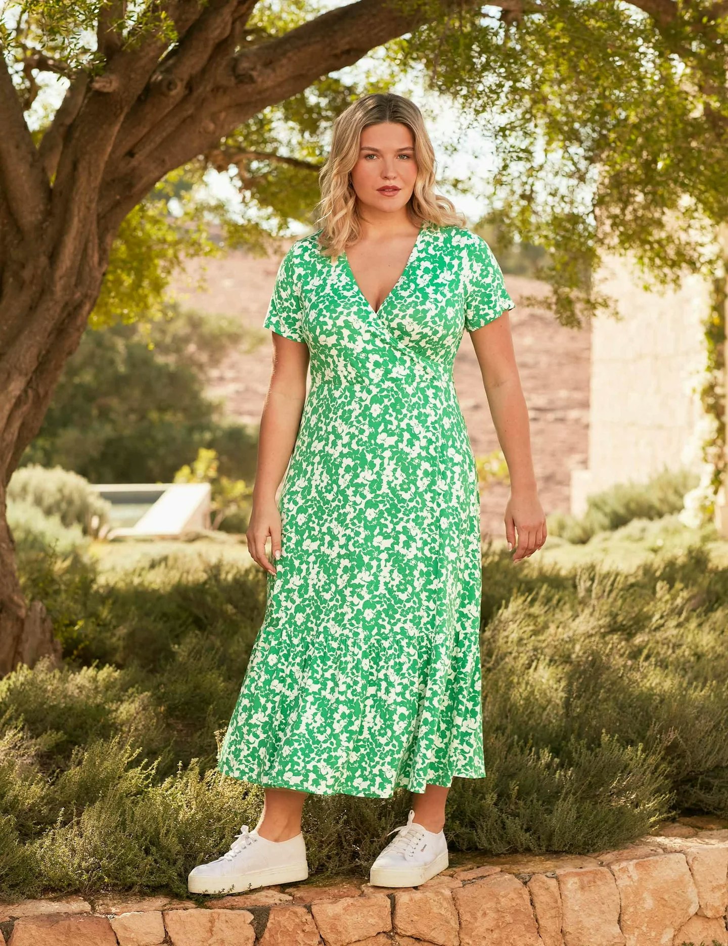 Live Unlimited Green Floral Print Jersey Wrap Dress