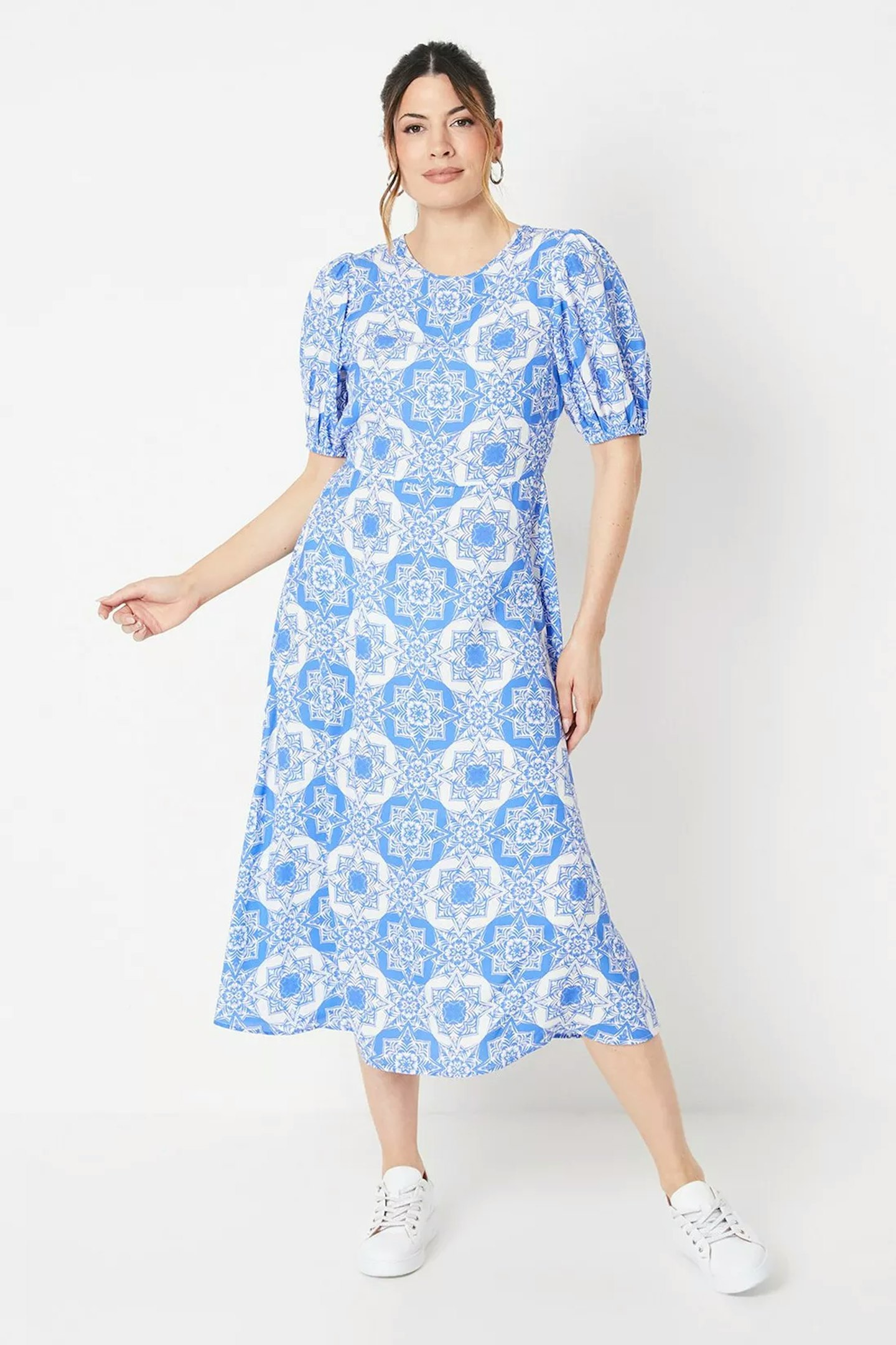 Wallis Tile Print Short Sleeve Midi Tea Dress