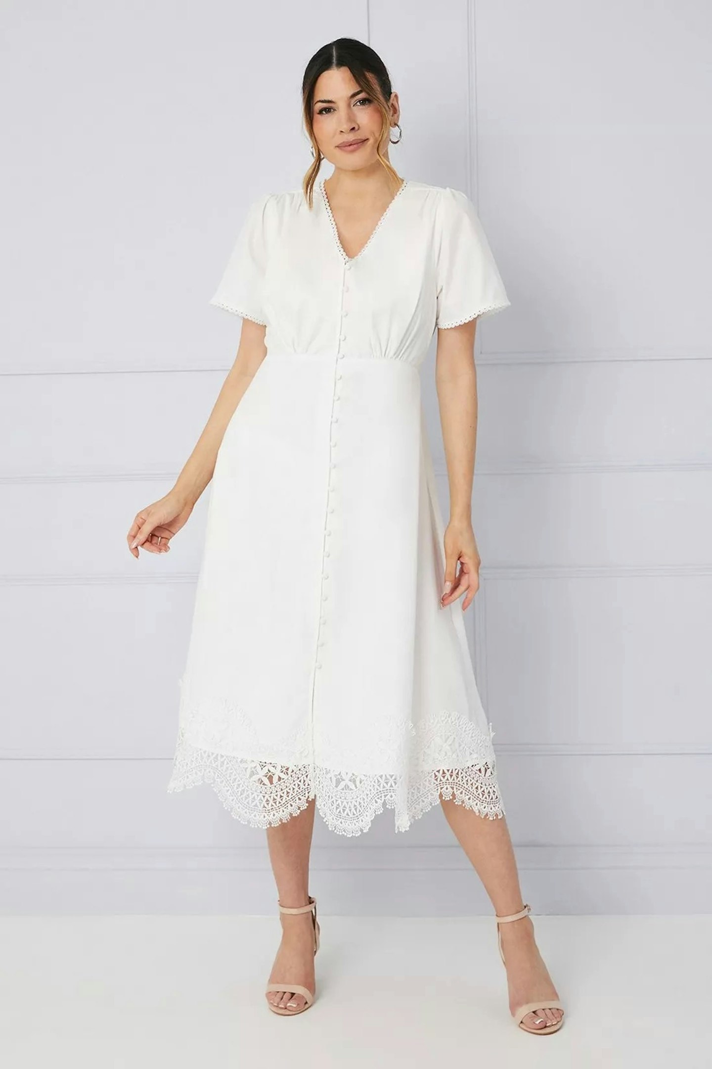 Wallis White Cotton Cutwork Button Midi Dress