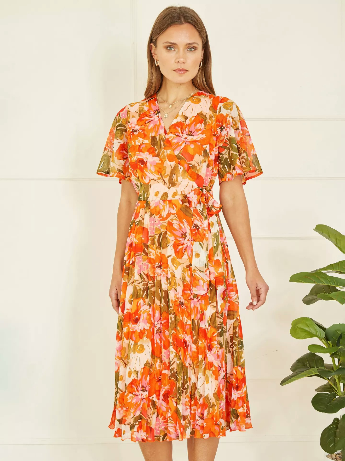 Yumi Floral Midi Wrap Pleat Dress