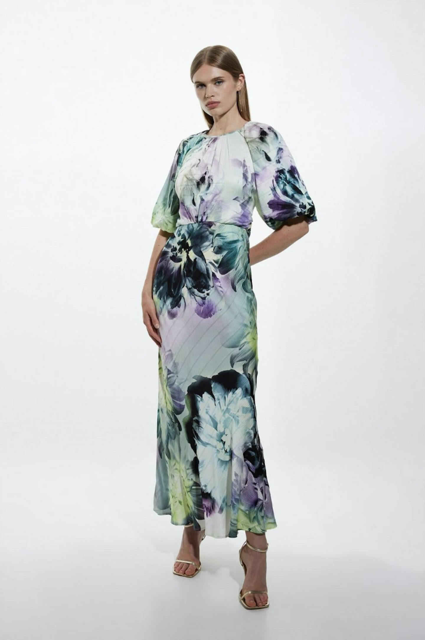 Karen Millen Spring Floral Printed Hammered Satin Woven Midi Dress