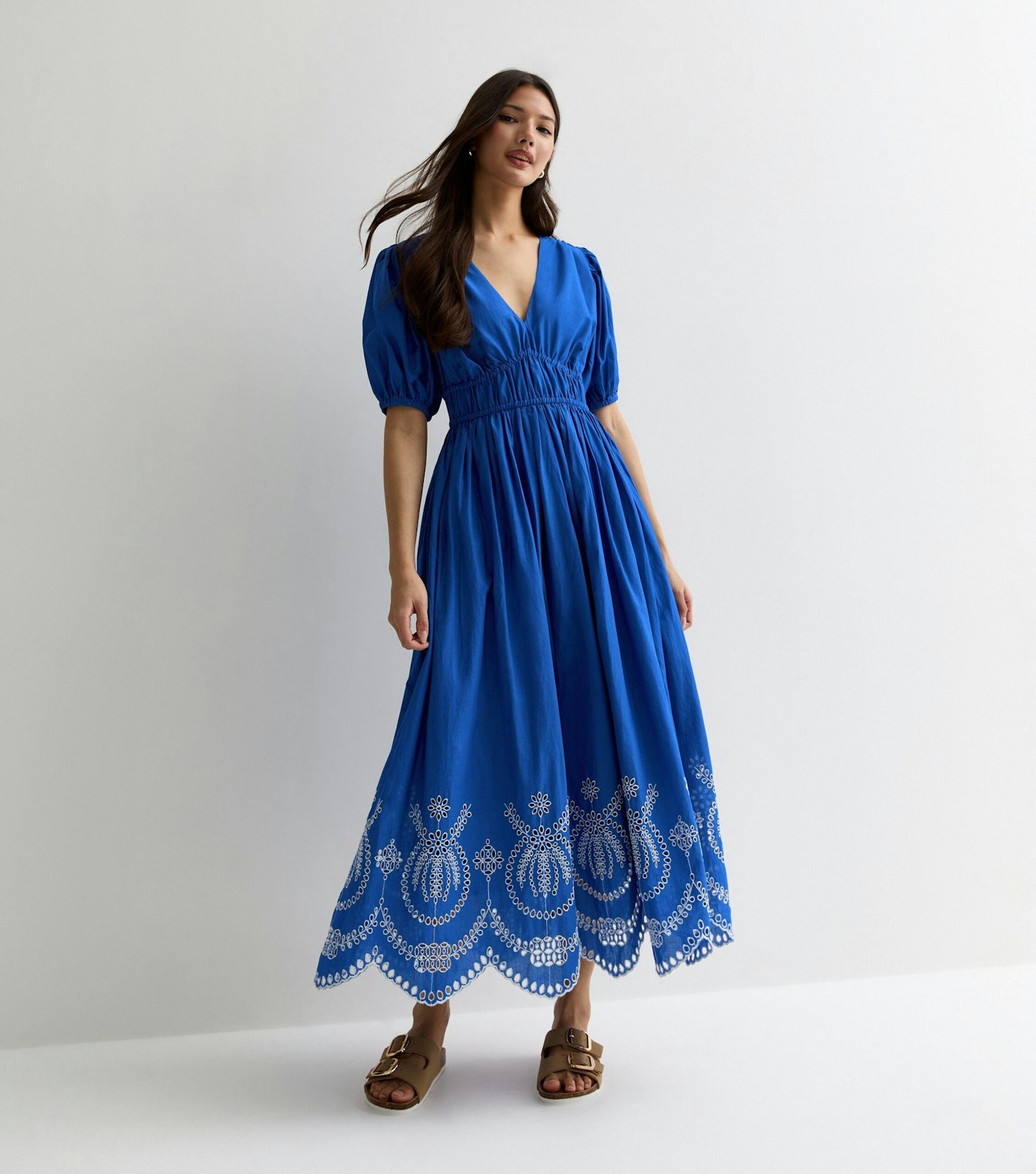 New Look Blue Cotton Broderie Hem Midi Dress