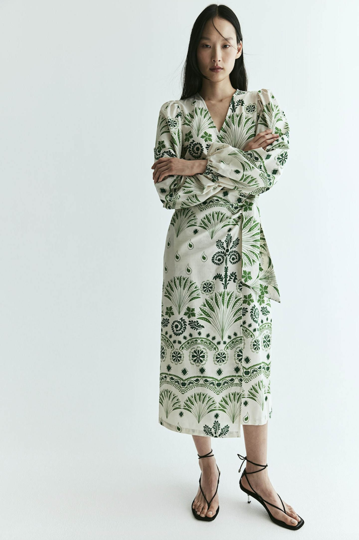 H&M Cream and Green Patterned Cotton wrap dress