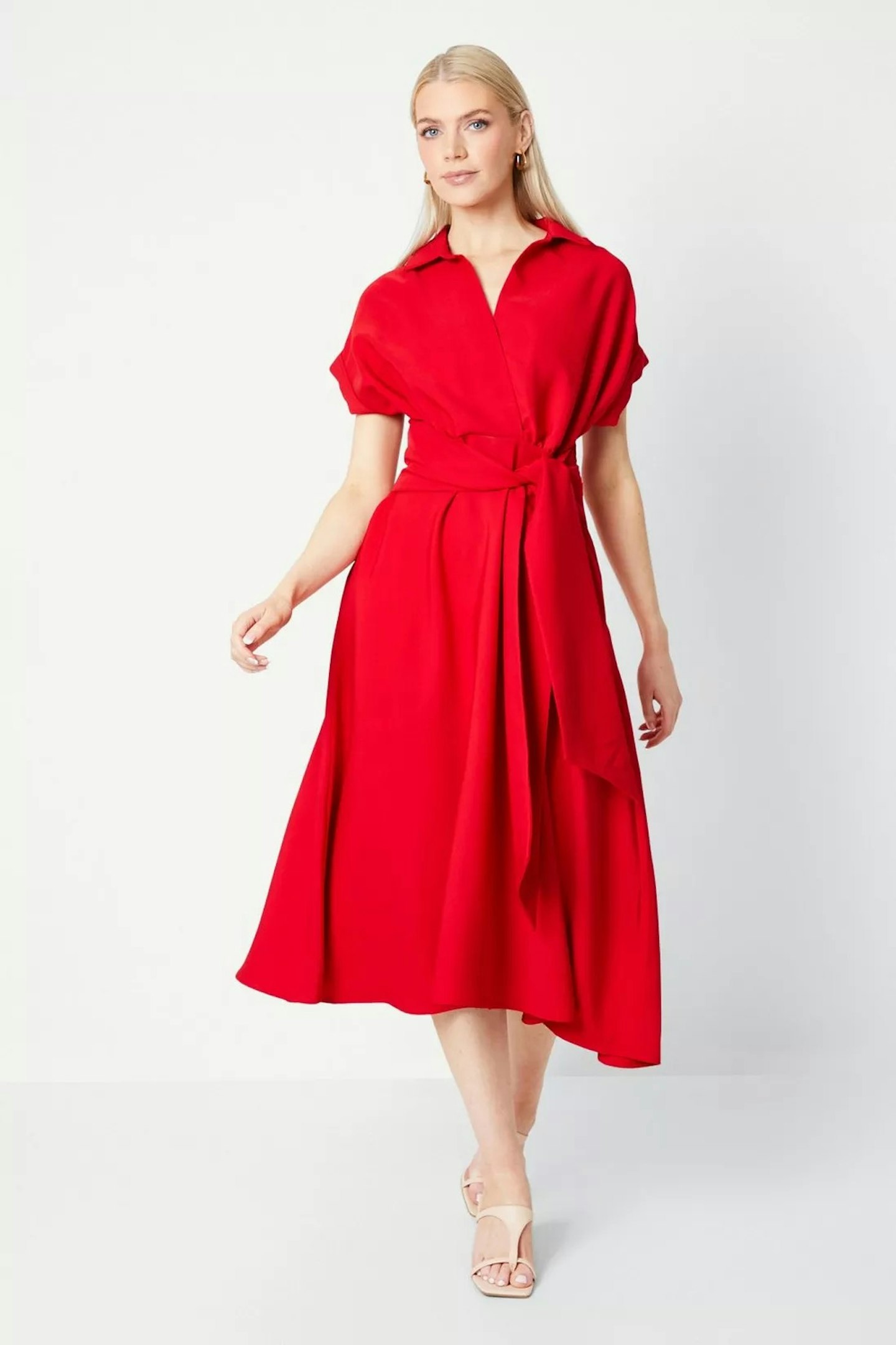 Debenhams Red Front Tie Shirt Midi Dress