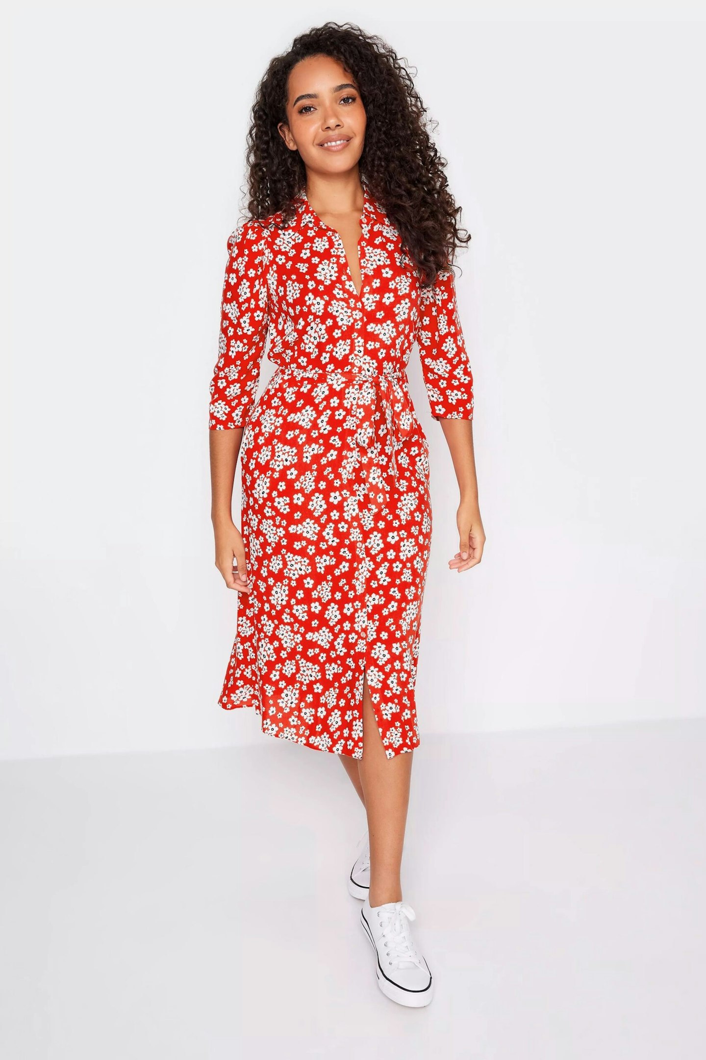 M&Co Red Floral Button Through Midi Dress