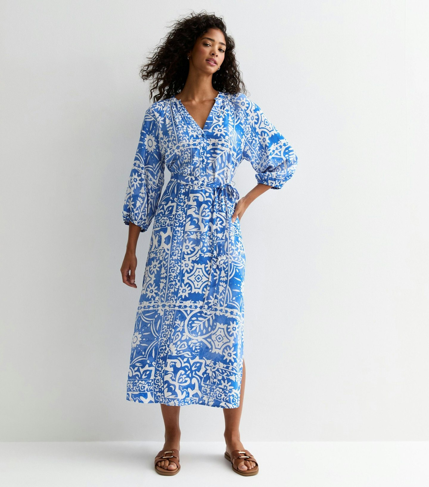 New Look Blue Tile Print Grandad Midi Shirt Dress