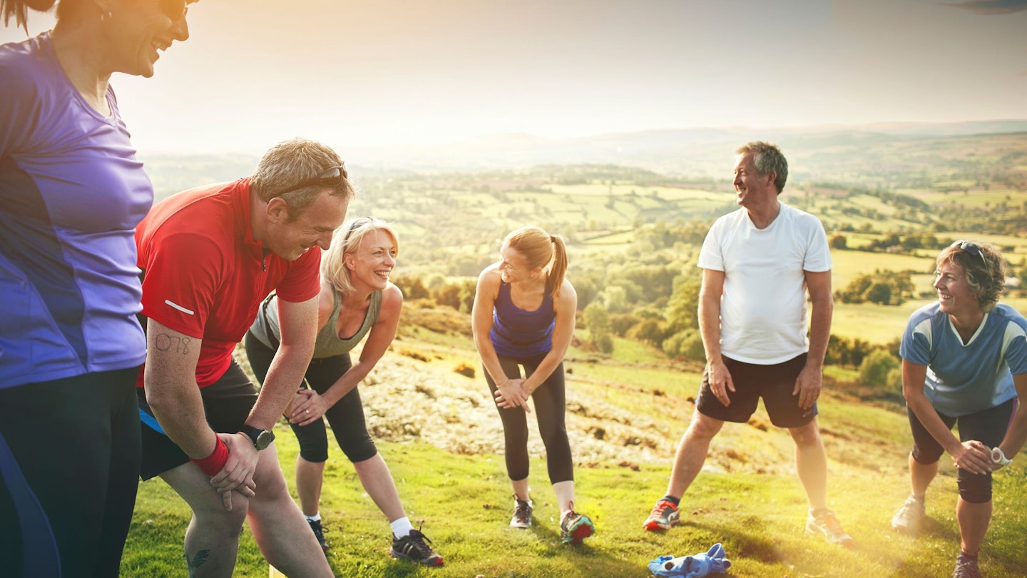 Running group stretching