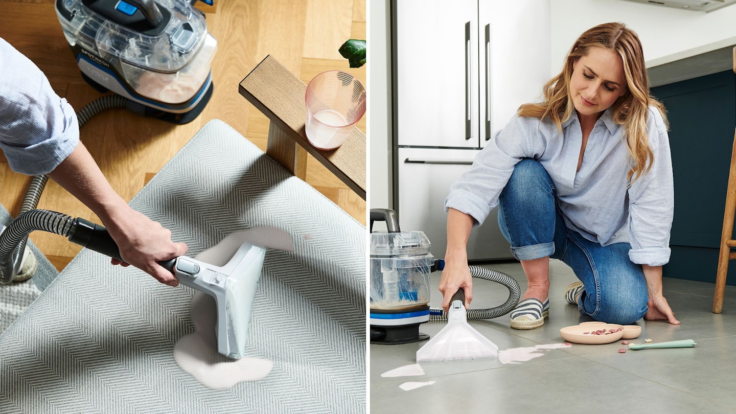 Using the Vax SpotWash Home Duo Spot Cleaner to clean a stain off a rug and a spillage on a laminate floor