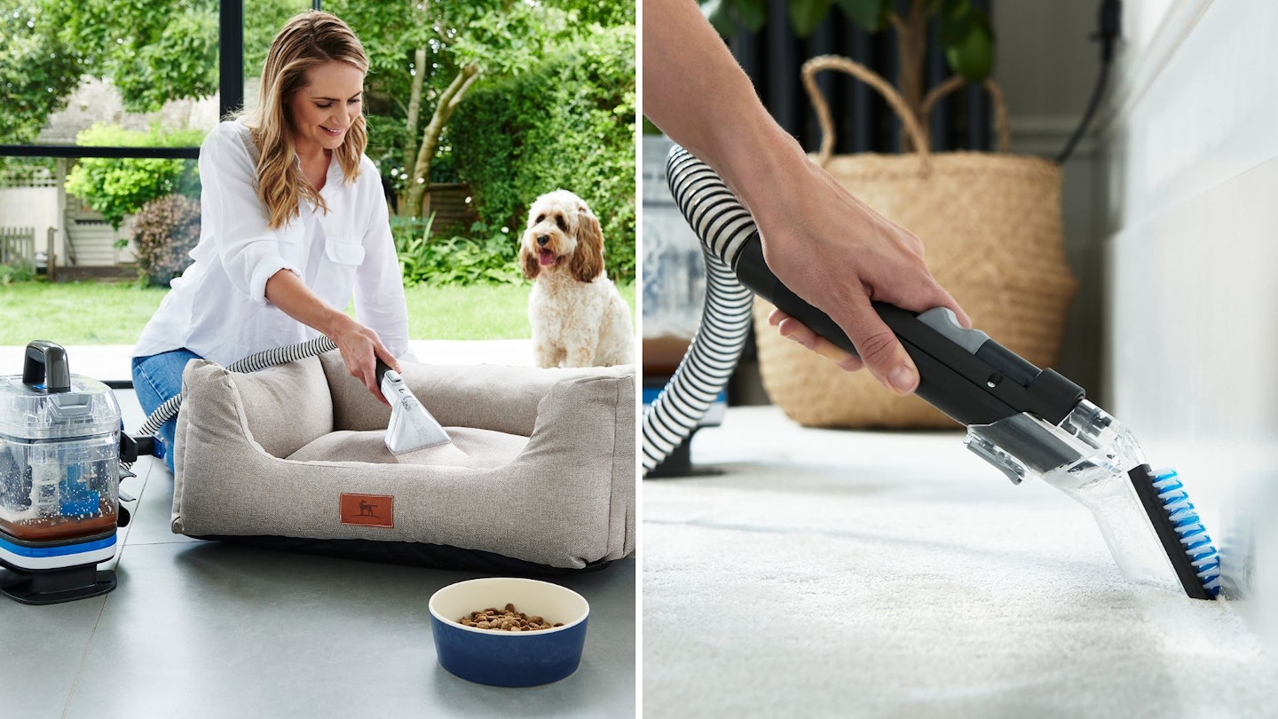 Using the Vax SpotWash Home Duo Spot Cleaner to clean a dog bed and a tight corner