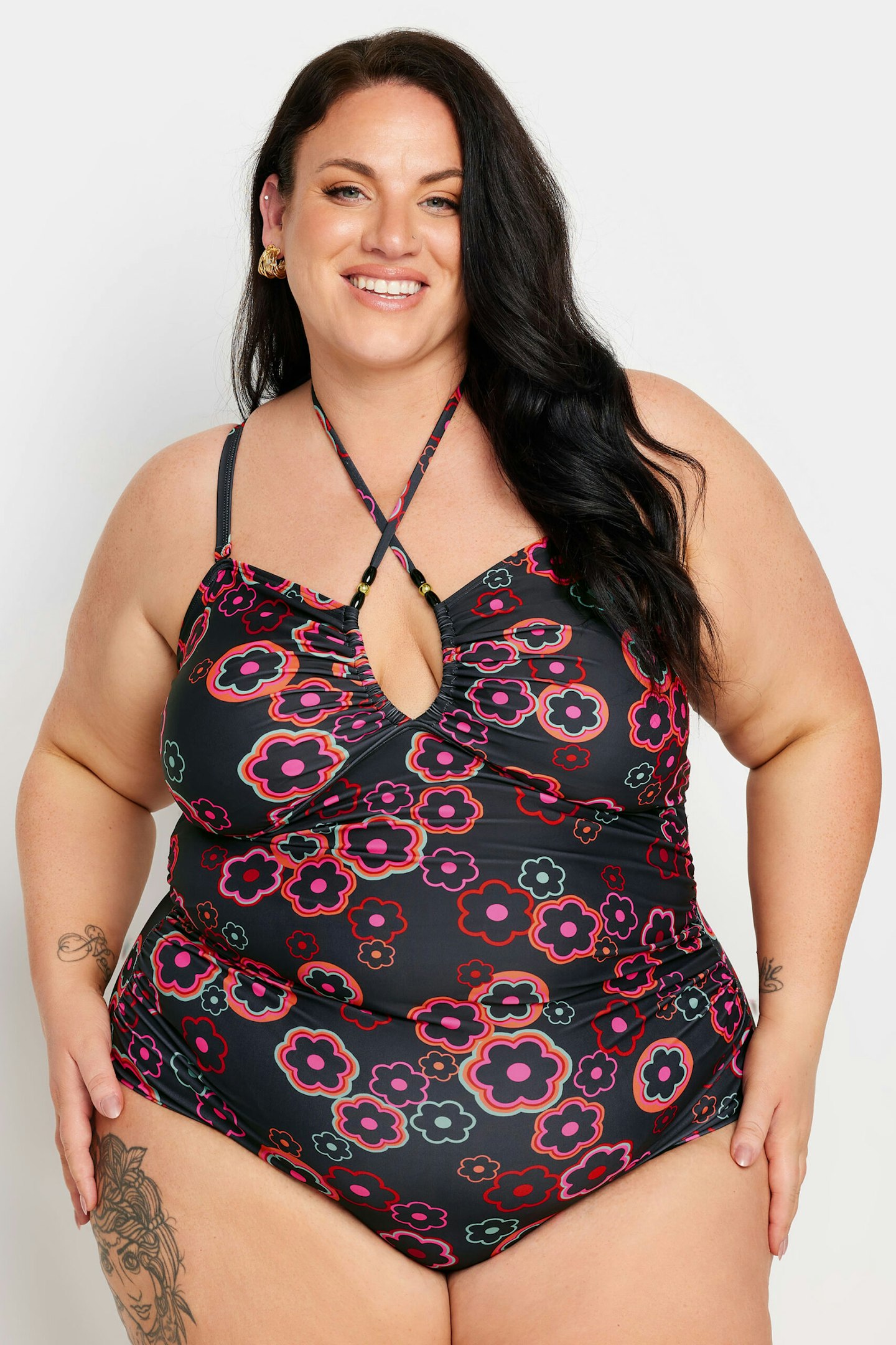 YOURS Curve Black & Pink Floral Halter Neck Swimsuit