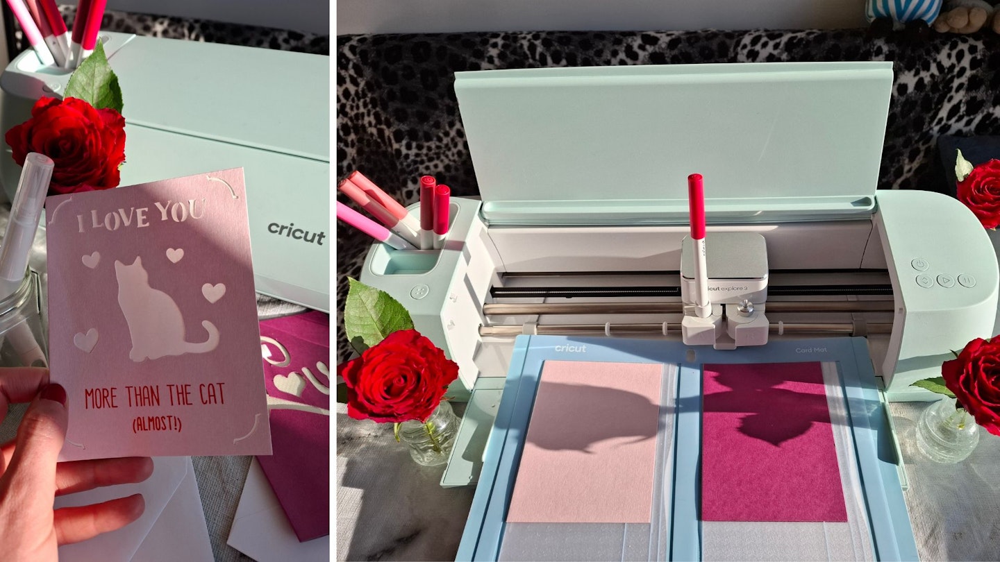 making a valentine's day card using a Cricut Explore 3 cutting machine and card mat, surrounded by red roses