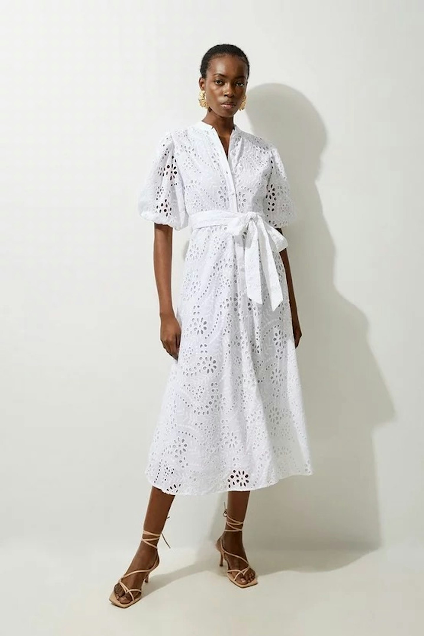 Karen Millen Cotton Broderie Belted Woven Midi Dress