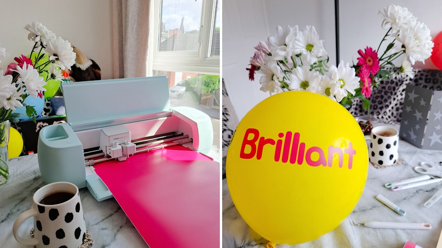 Cricut Explore 3 cutting vinyl lettering that says 'brilliant'