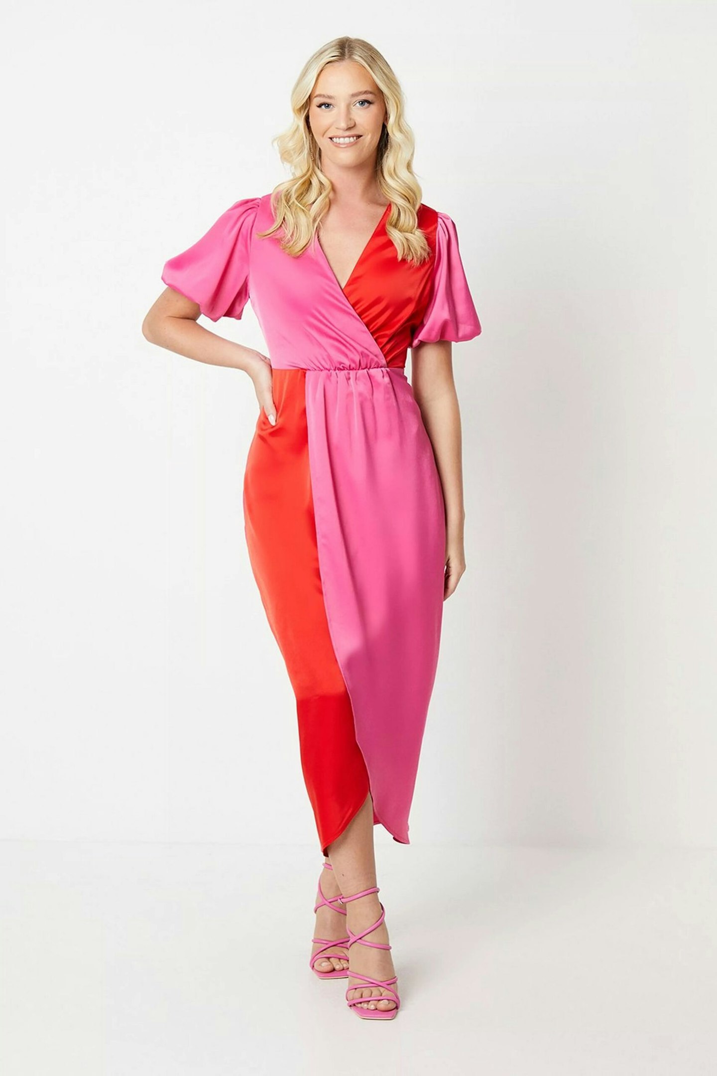 Coast X Debut London Pink and Red Satin Colour Block Dress