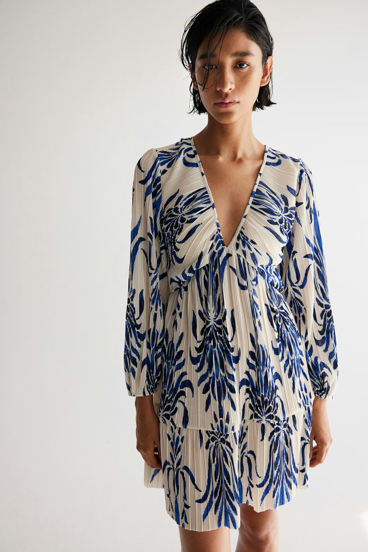 H&M Blue and White Printed Plissé Dress