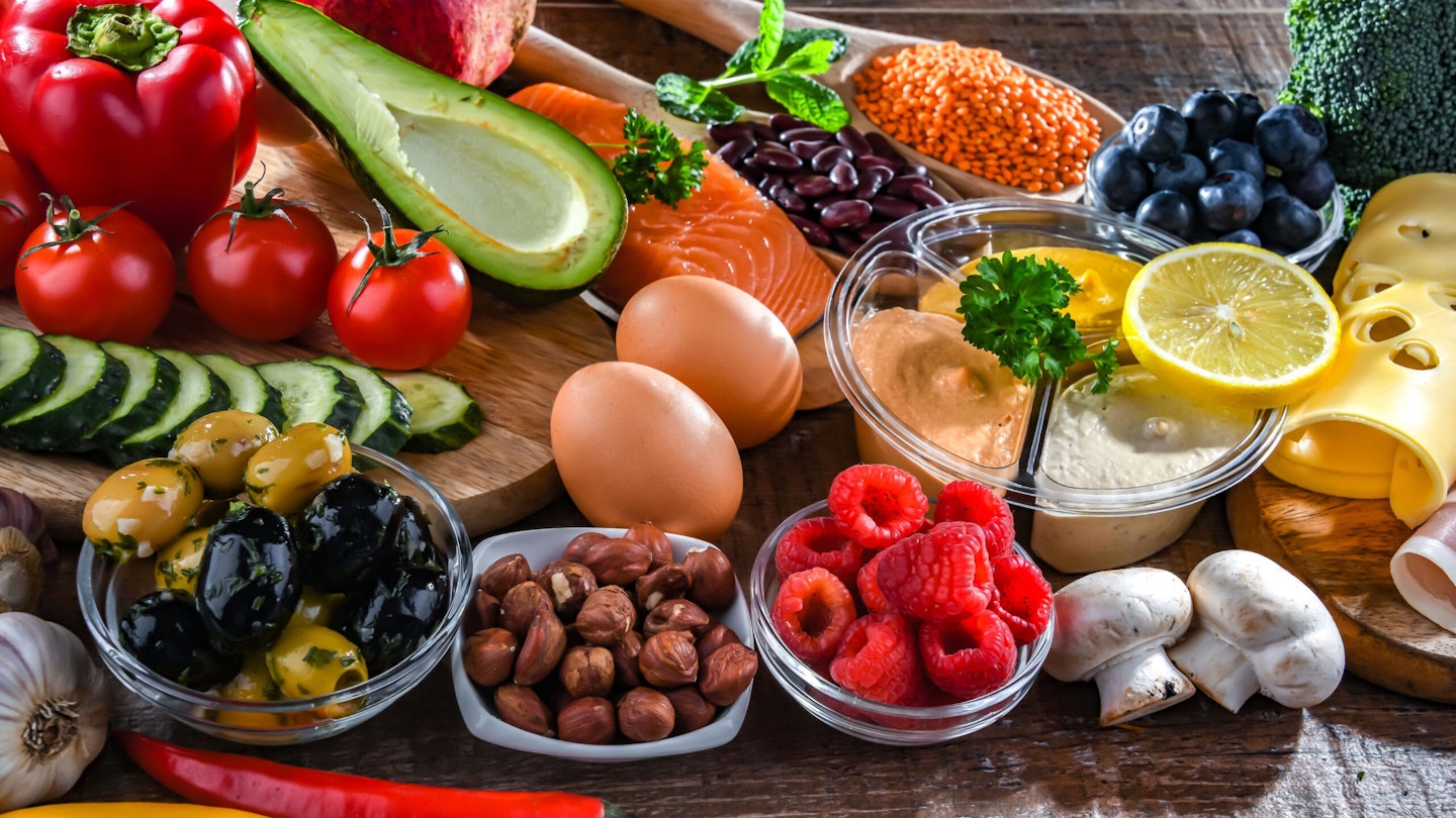 Mediterranean diet foods like eggs, fruit, seeds and olives