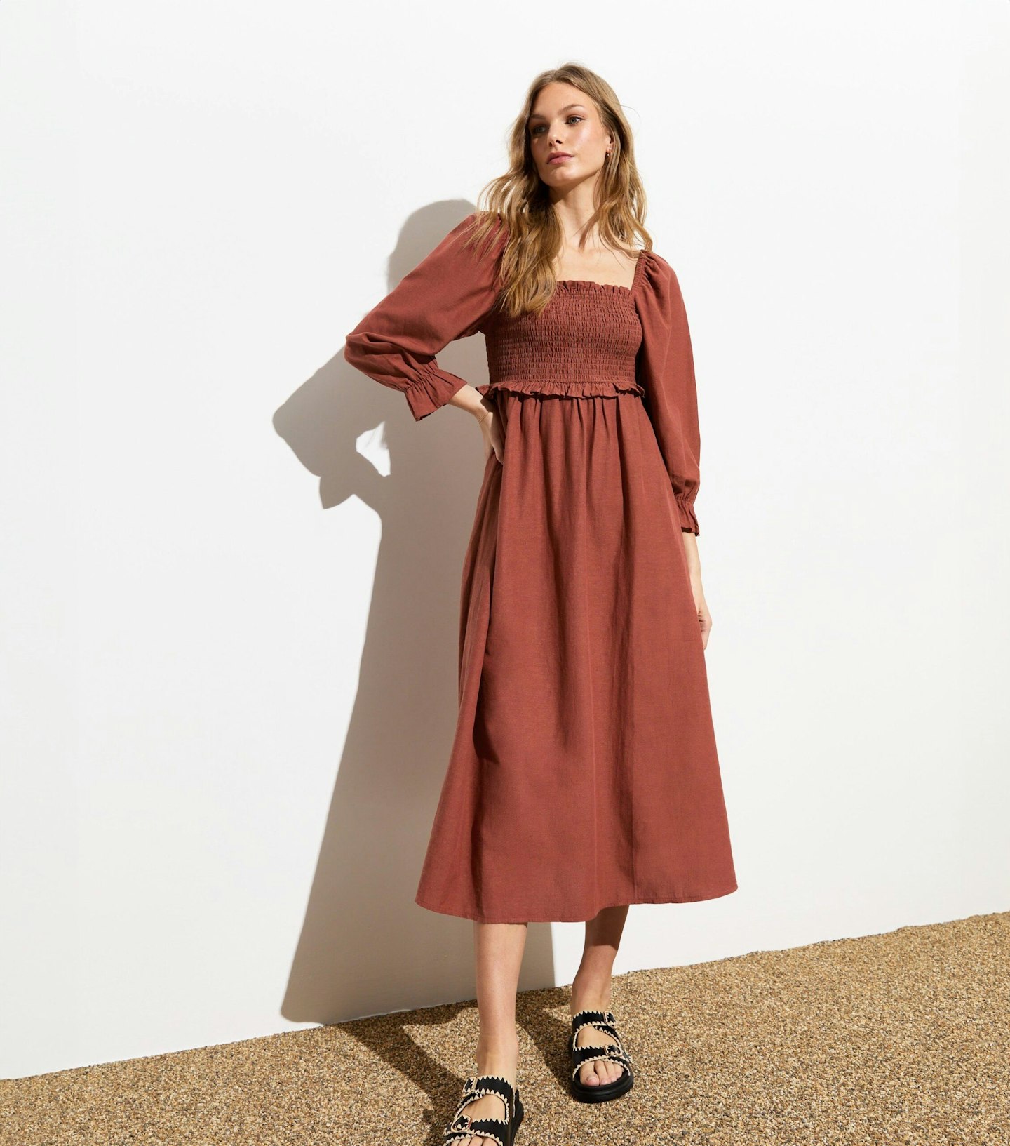 New Look Rust Square Neck Midi Dress