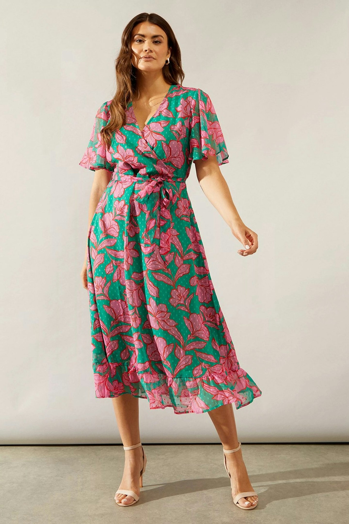 Wallis Pink and Green Floral Texture Wrap Dress