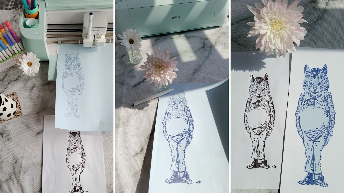 Natalie compares her hand-drawn illustration to the drawing, reproduced by the Cricut Explore 3, using a Geode Fine Line Pen on Smart Paper Sticker Cardstock.