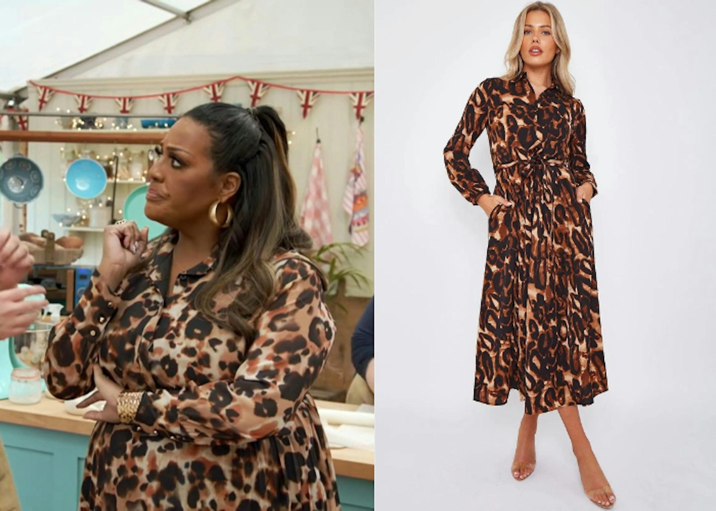 Alison Hammond wearing a leopard print dress and Leopard Print Midaxi Shirt Dress