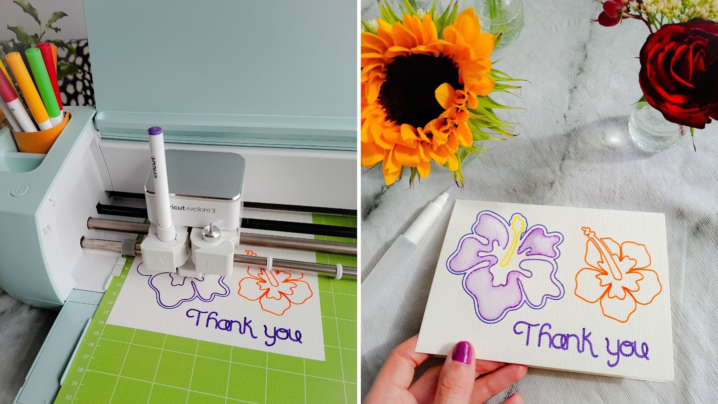 Drawing a thank you card using watercolor pens in the Cricut Explore 3