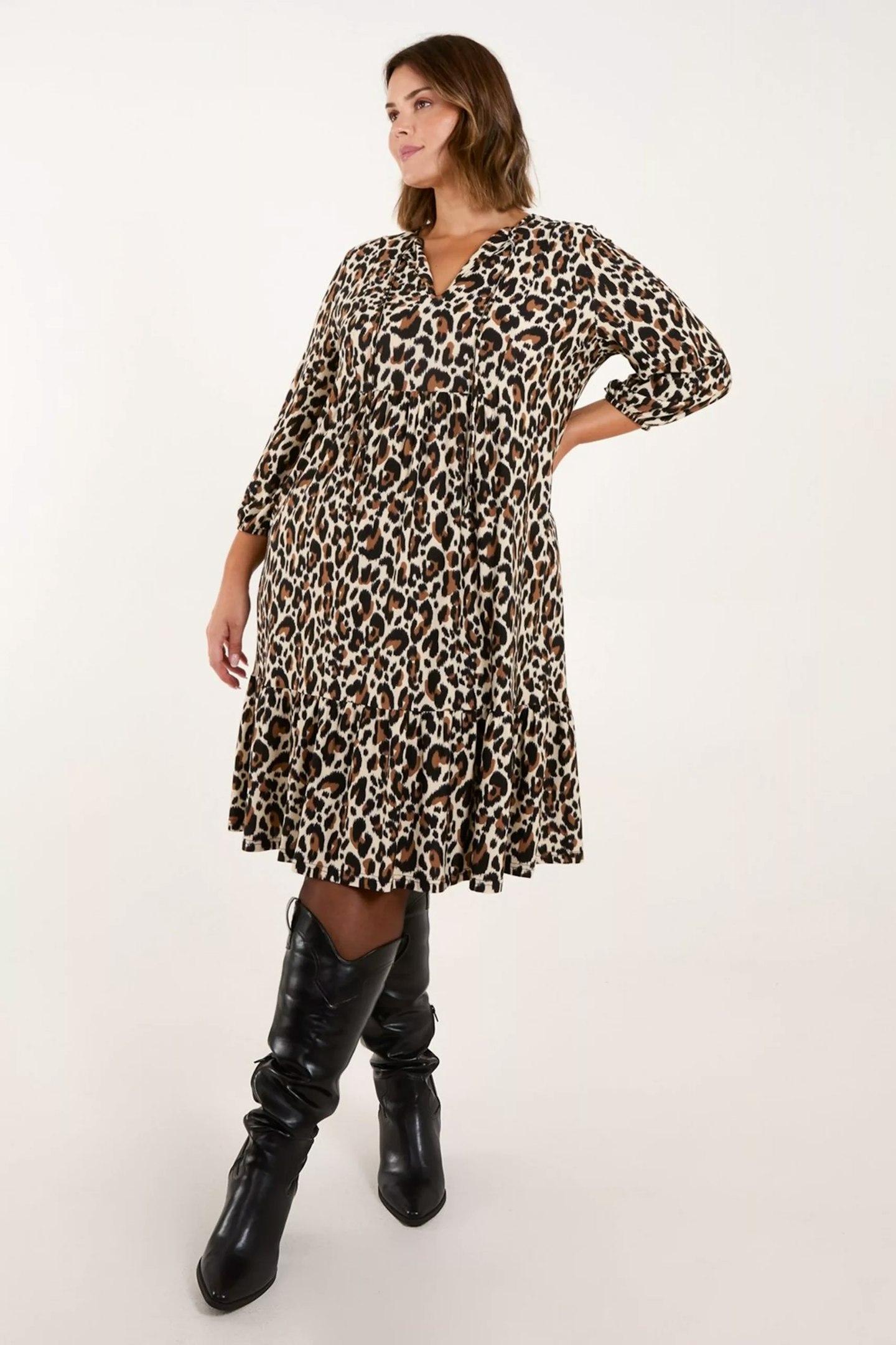 Blue Vanilla Curve Tie Neck Leopard Print Smock Dress