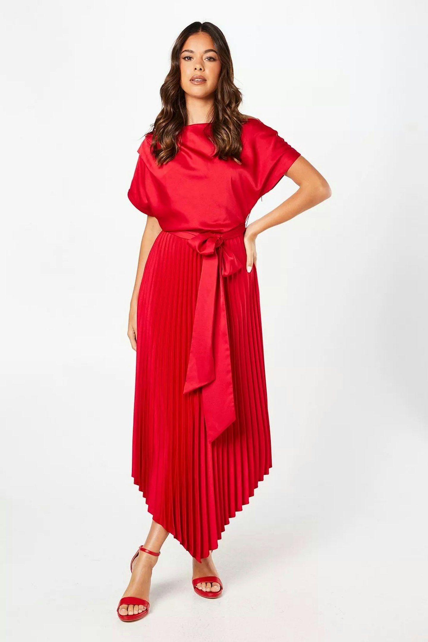 Coast Red Drape Bodice Pleated Handkerchief Hem Midi Dress