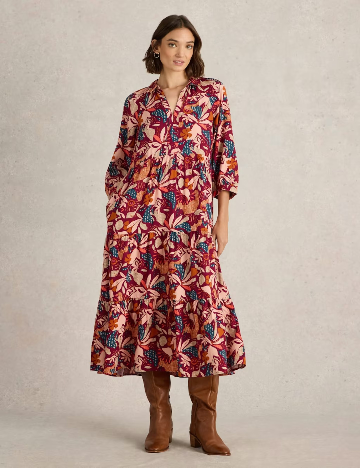 Floral Midi Tiered Shirt Dress