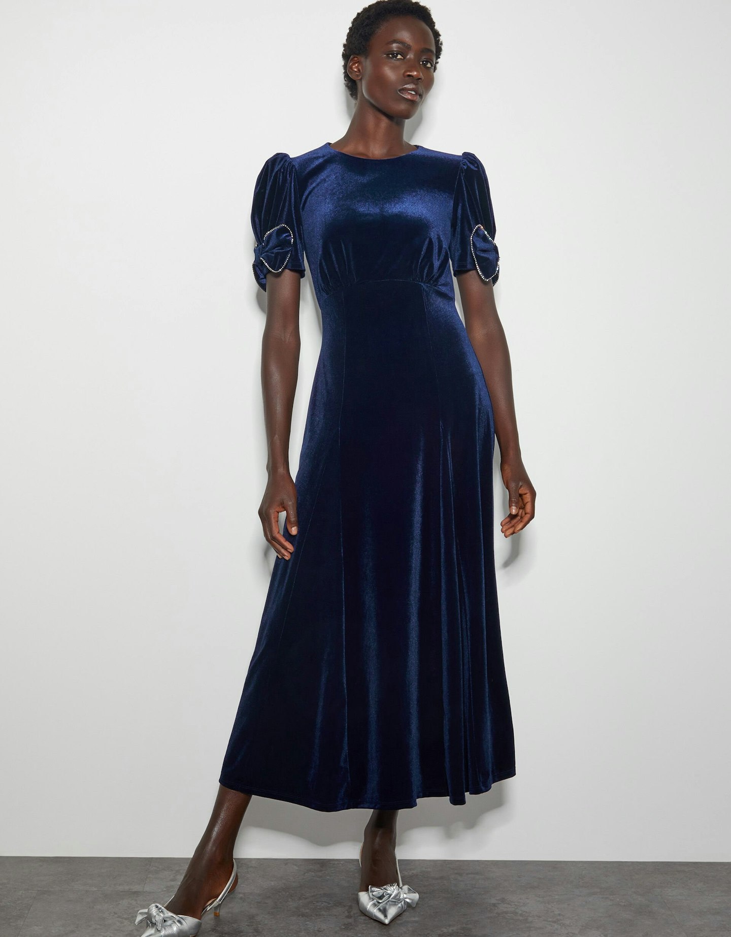 Monsoon Belle Bow Sleeve Velvet Midi Dress Blue 