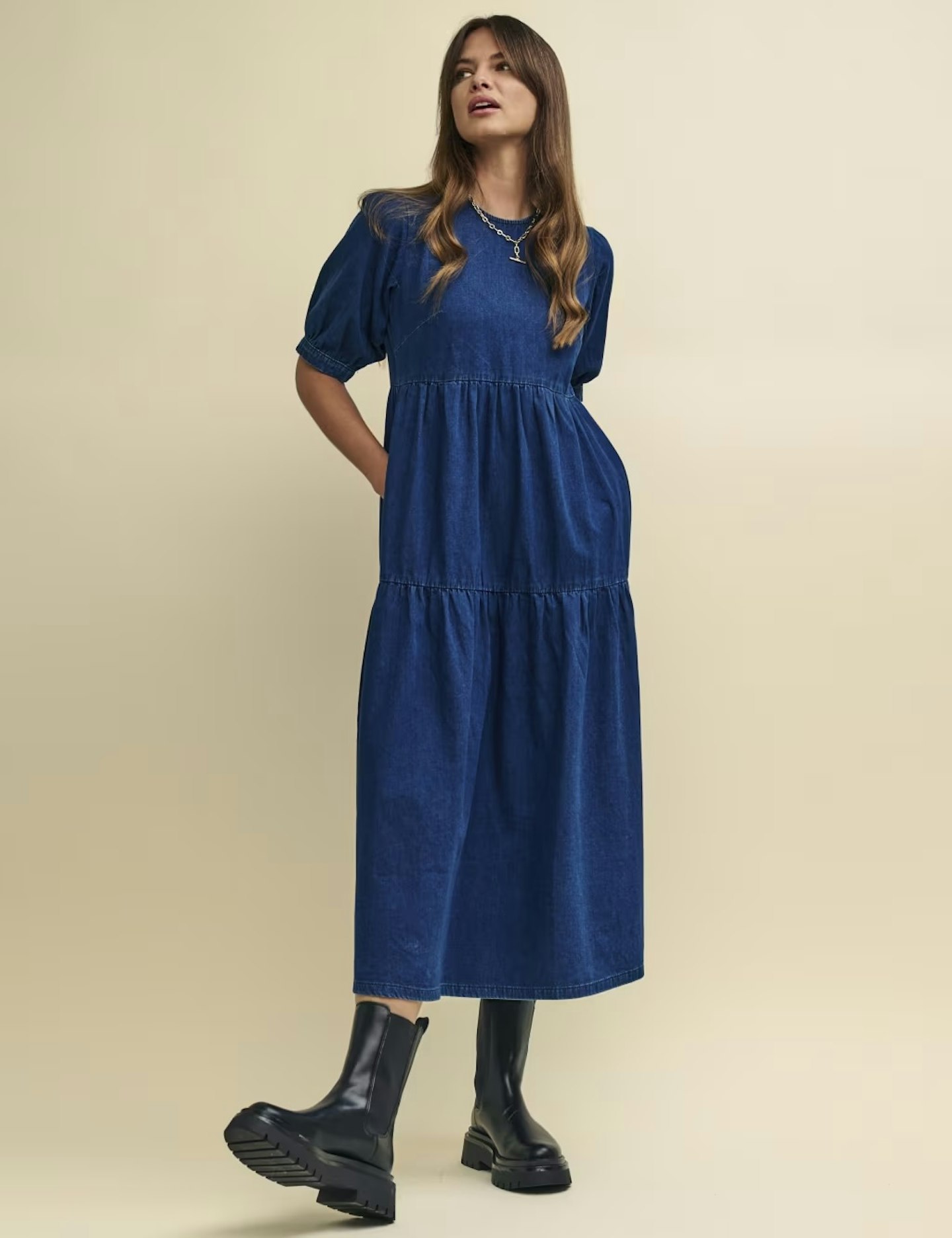 Nobody's Child Denim Puff Sleeve Midi Tiered Smock Dress