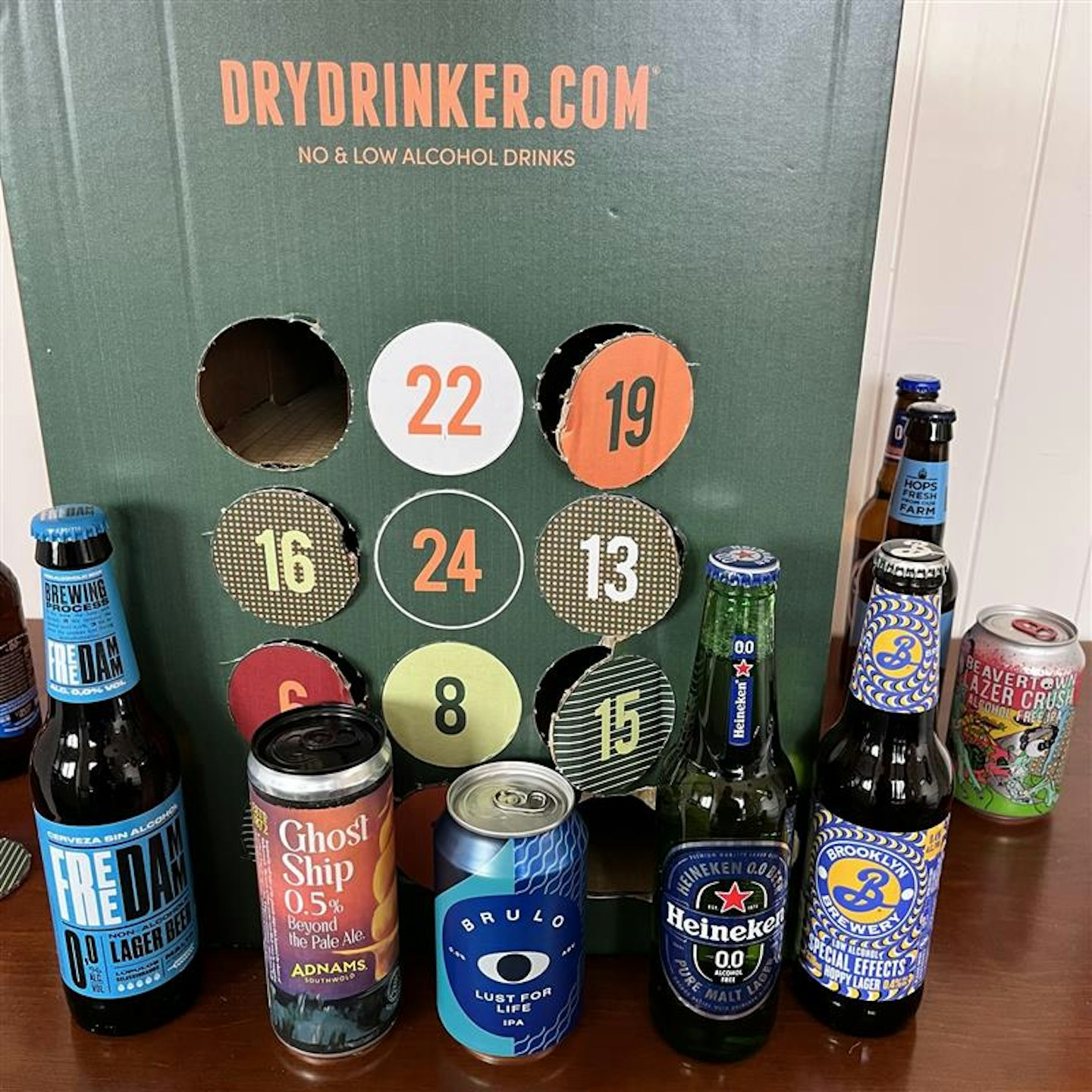 Cry drinker alcohol free beer advent calendar doors open and some bottles on display 