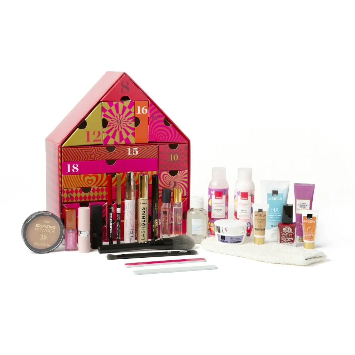 Image of Avon 24 Days of Gifting Advent Calendar with the products it includes 