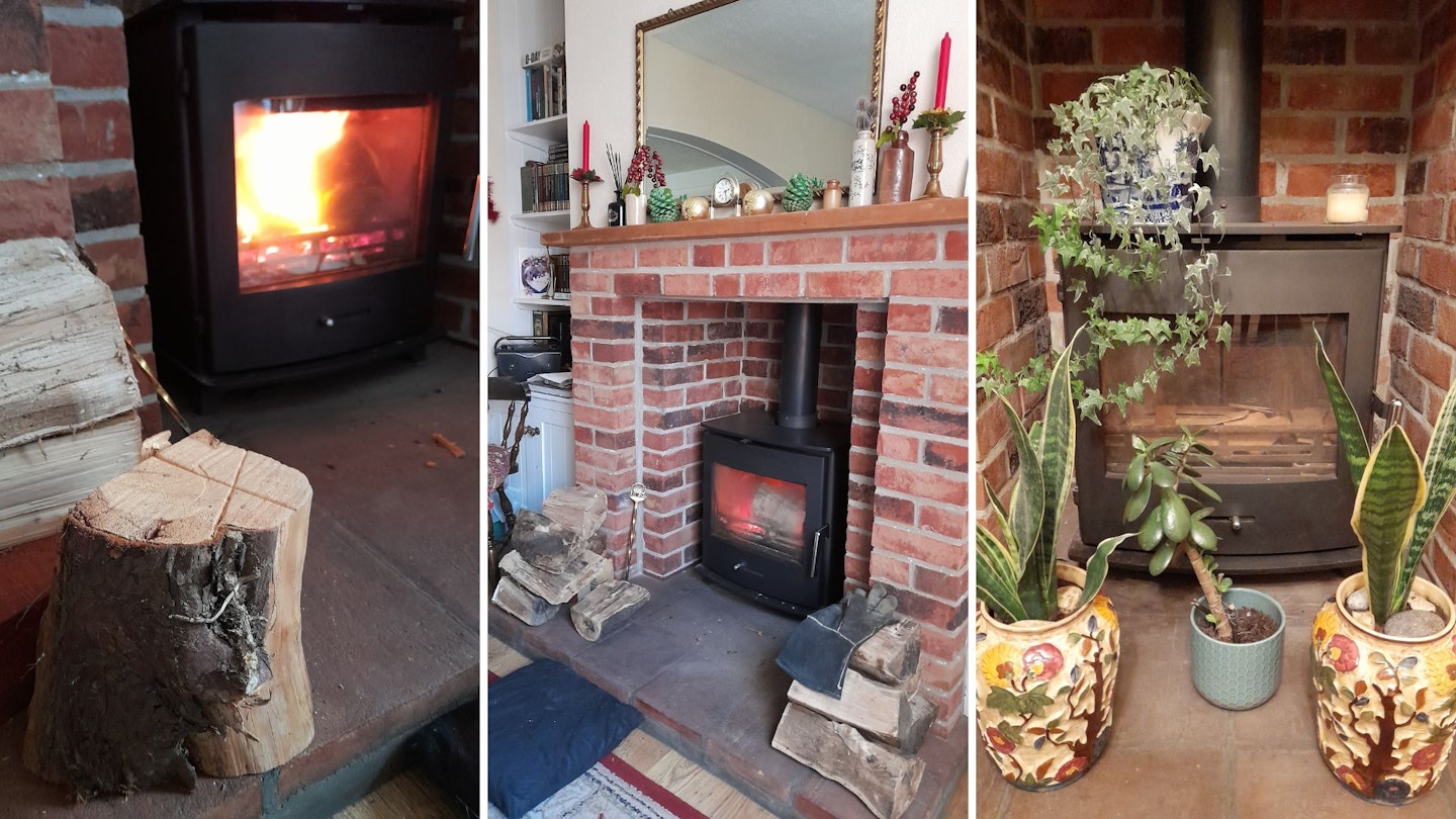 Natalie Knowles' log burner, both with a roaring log fire and used as a decorative room feature